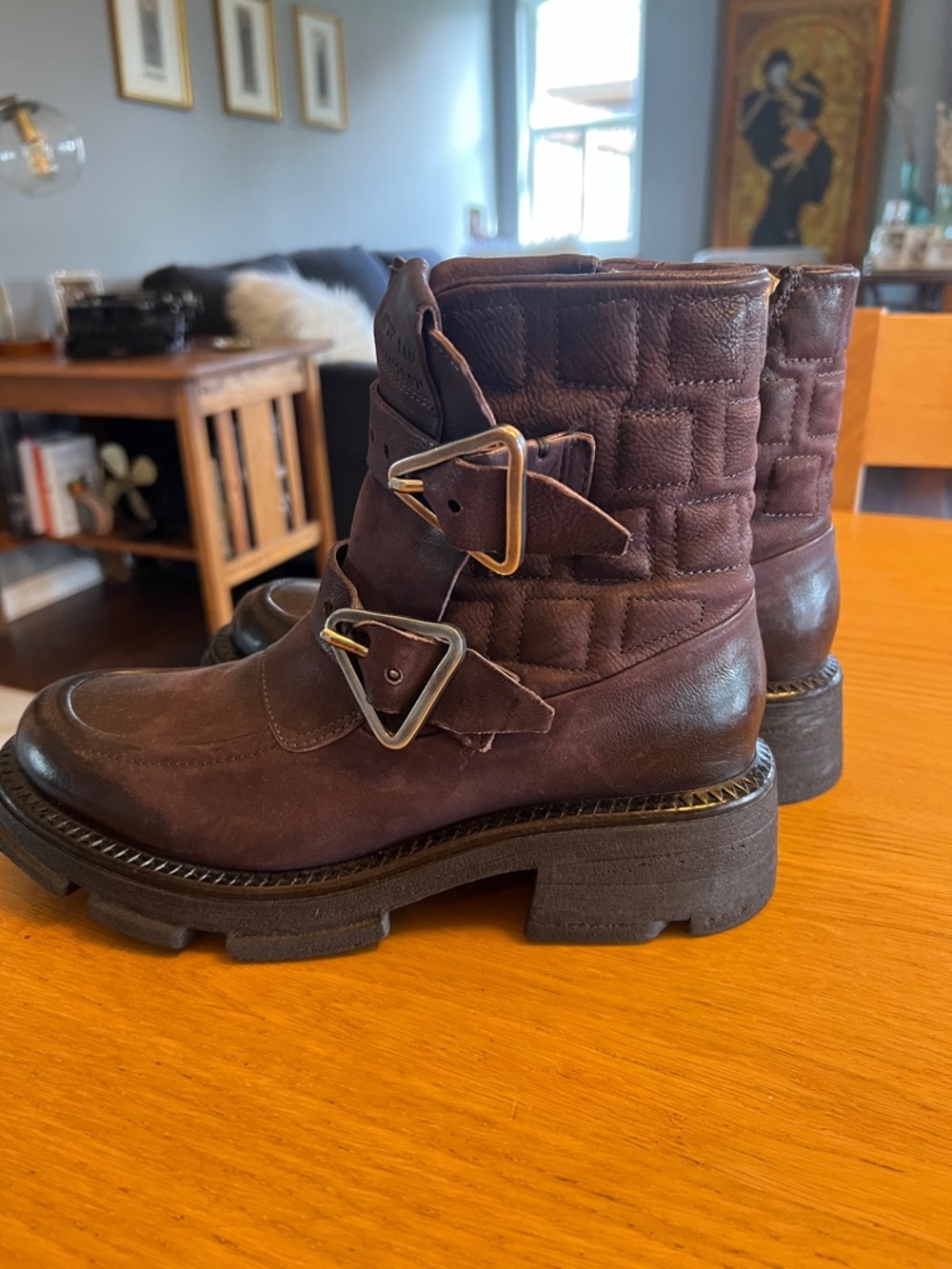 A.S.98 Quilted Leather Ankle Boots in Dark Brown with Gold Buckles
